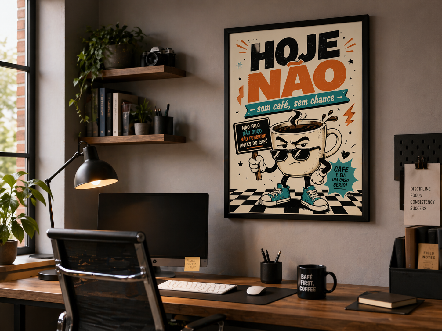 Escritório com pôster aplicado na parede