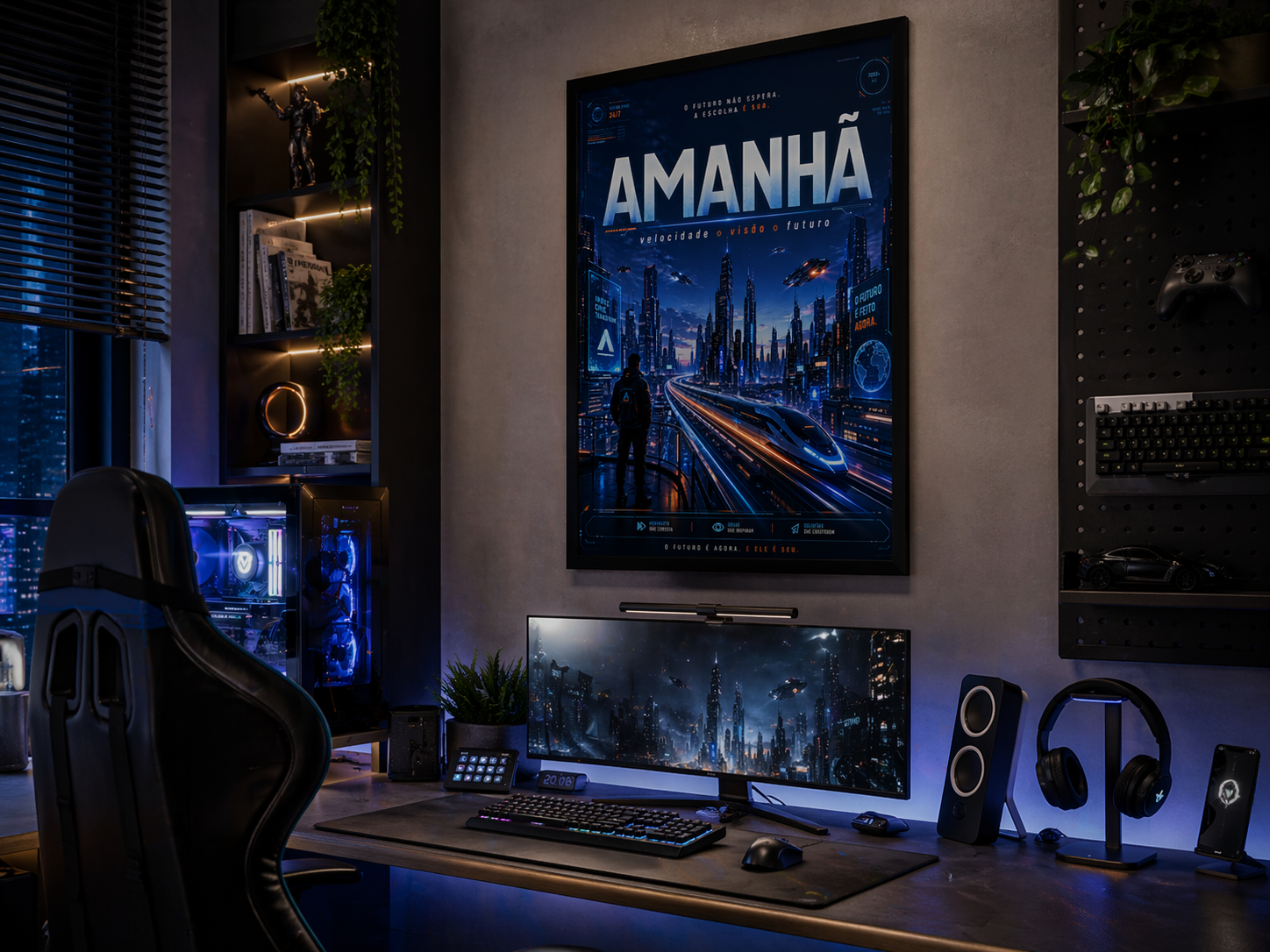 Setup gamer com pôster aplicado na parede
