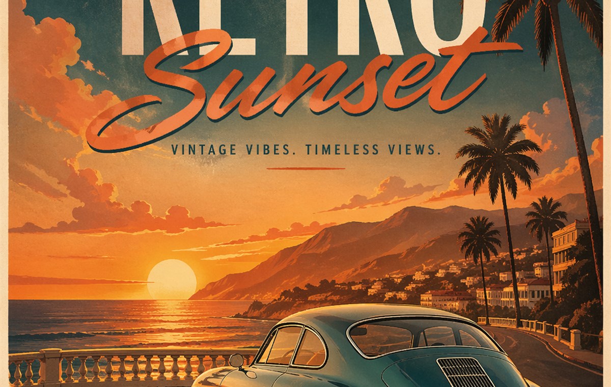 Capa da coleção Retrô com estrada synthwave, neon e pôr do sol