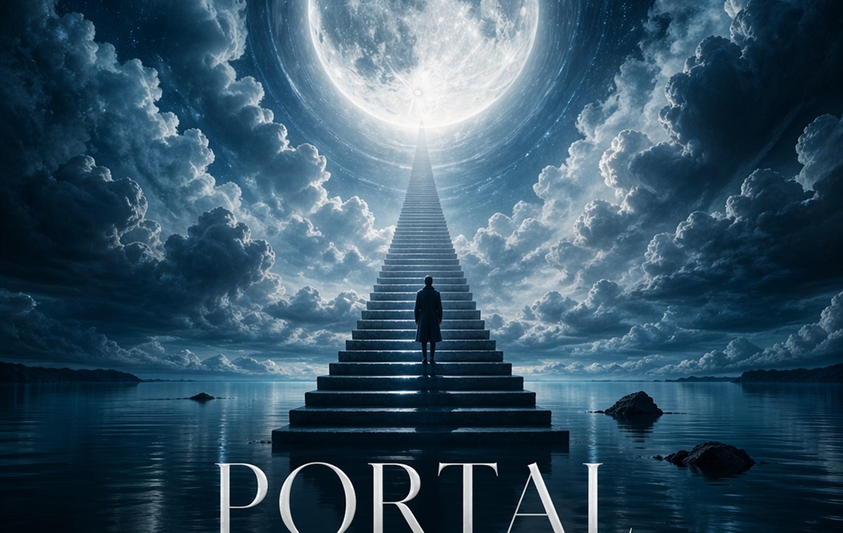 Capa da coleção Surreal com lua, porta luminosa e ilha flutuante